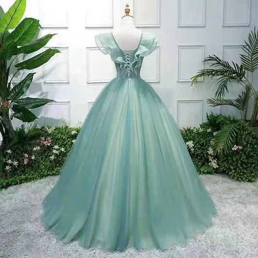 2024 Charming 3D Lace Flowers Prom Dresses Ruffles V neck Birthday Formal Evening Party Gown For Women فساتين للحفلات الراقصة