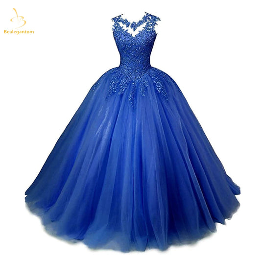 Bealegantom In Stock Royal Blue Size 16 Ball Gown Quinceanera Dresses Tulle Beaded Birthday Sweet 16 Prom Party Gown QA171
