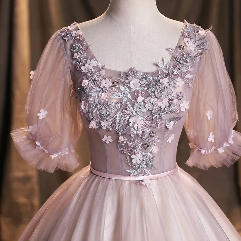 Lace Applique Quinceanera Dress Prom Flowers Party Gown Short Sleeve vestidos de 15 quinceañera vestidos para eventos especiales