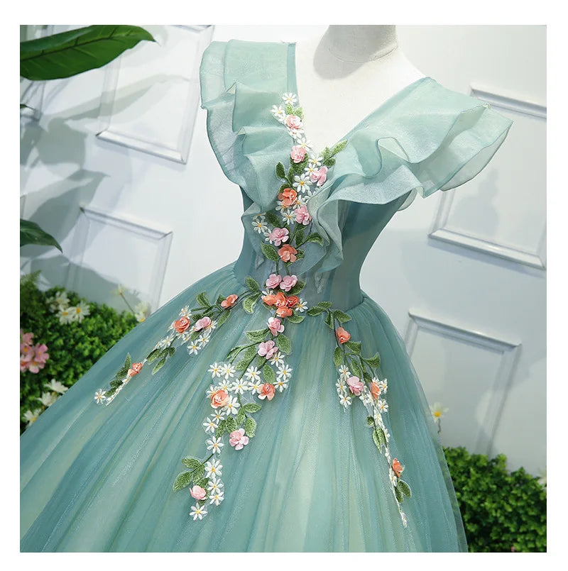 2024 Charming 3D Lace Flowers Prom Dresses Ruffles V neck Birthday Formal Evening Party Gown For Women فساتين للحفلات الراقصة