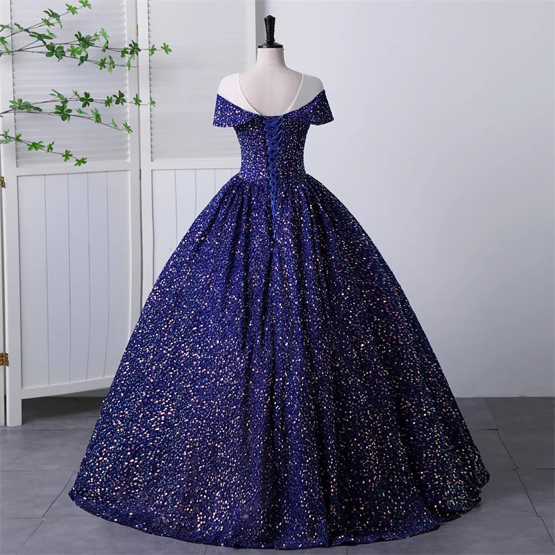 Y&M Novias New O Neck Sequined Blue Quinceanera Dresses Party Prom Ball Gown Classic Lace Embroidery Bead Vintage Plus Szie