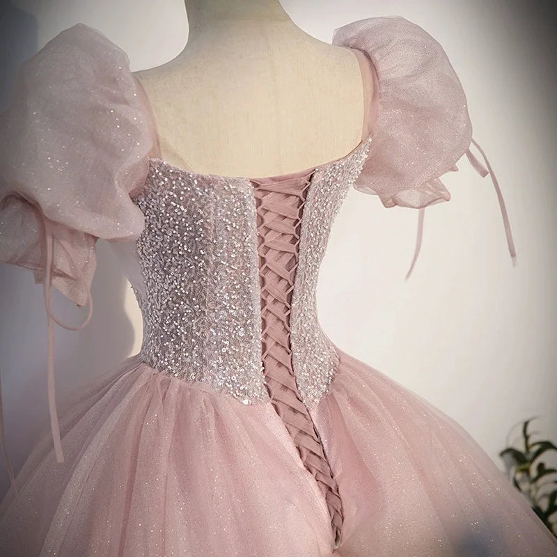 Pink Spakly Quinceanera Dresses Elegant 2023 Sweetheart Puff Sleeves Long Ball Gown Beading Plus Size Vestidos De 15 quinceañera
