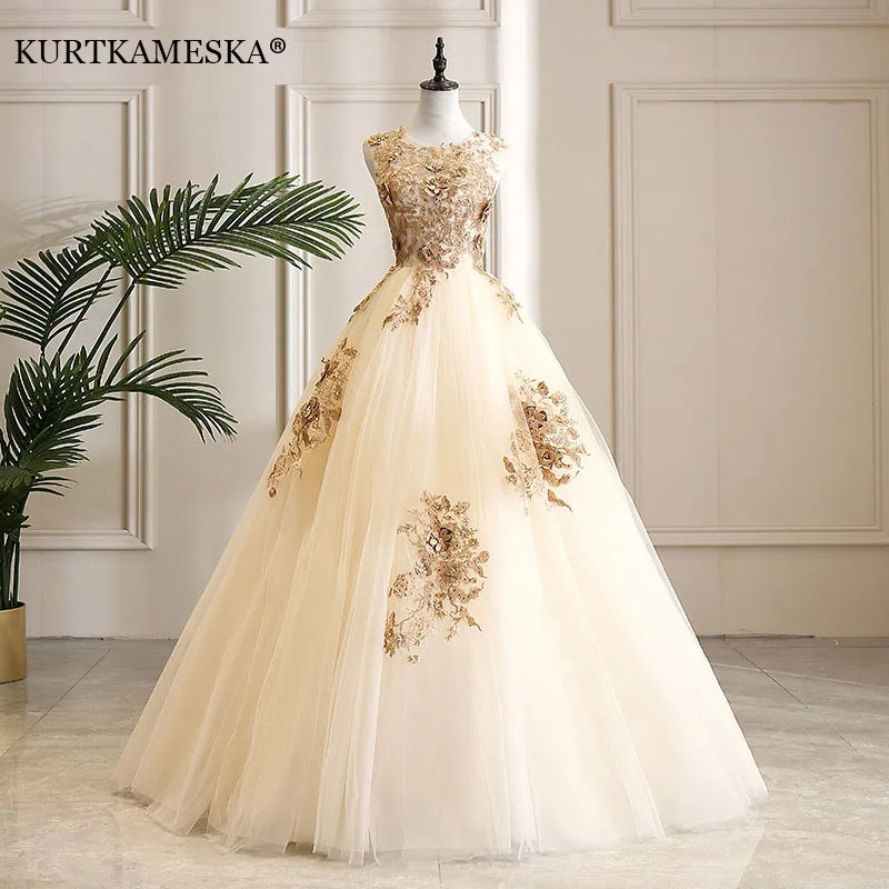Women's Luxurious Floral Embroidered Long Prom Evening Gown Temperament Sleeveless Round Neck Party Formal Host Princess Dress