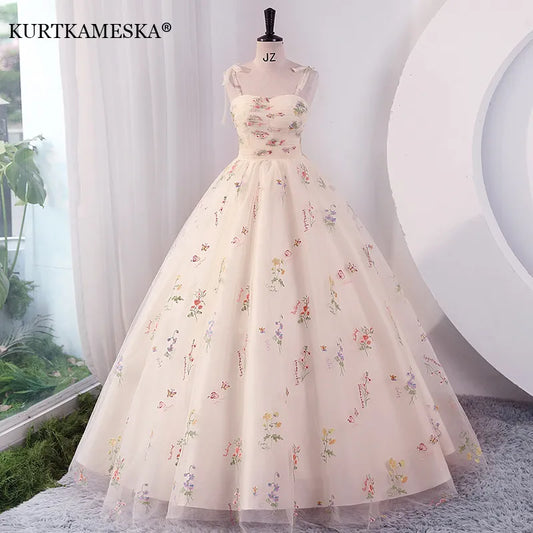 Luxury Floral Embroidery Long Prom Evening Dresses for Women 2023 Summer Elegant Suspender Mesh Party Formal Host Princess Dress