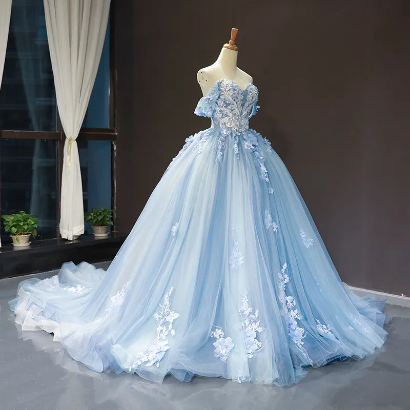 Blue Quinceanera Dresses Off The Shoulder Princess Prom Dress Lace Appliques Ball Gown With Small Train Vestidos De 15