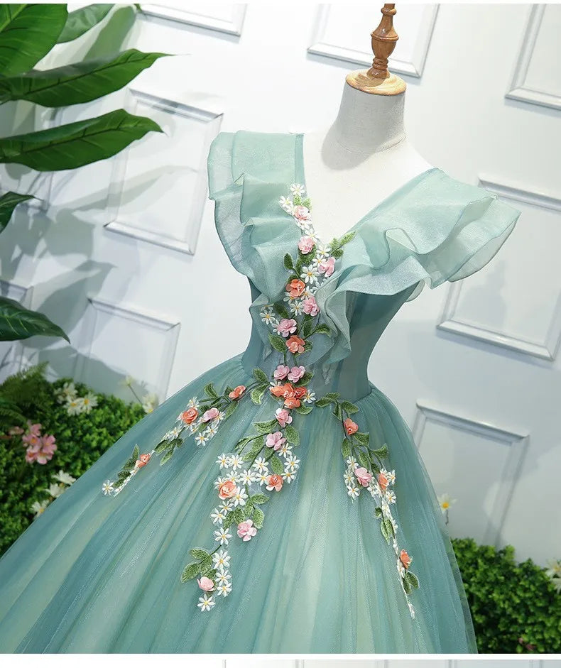 2024 Charming 3D Lace Flowers Prom Dresses Ruffles V neck Birthday Formal Evening Party Gown For Women فساتين للحفلات الراقصة