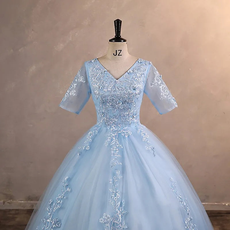 Half Sleeves Quinceanera Dresses Sweet Flower Party Dress Classic V-neck Ball Gown Real Photo Prom Gowns 2023 Autumn New