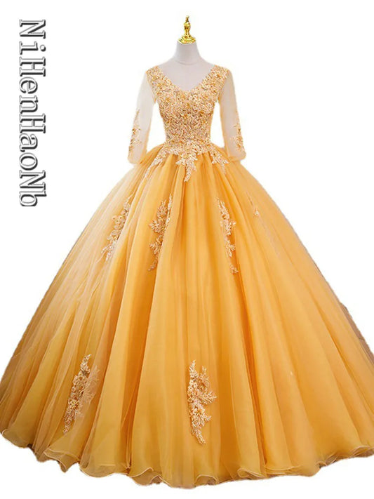 2023 New Logn Sleeve Quinceanera Dresses Gold Party Dress Elegant V-neck Ball Gown Luxury Prom Dress Formal Gown