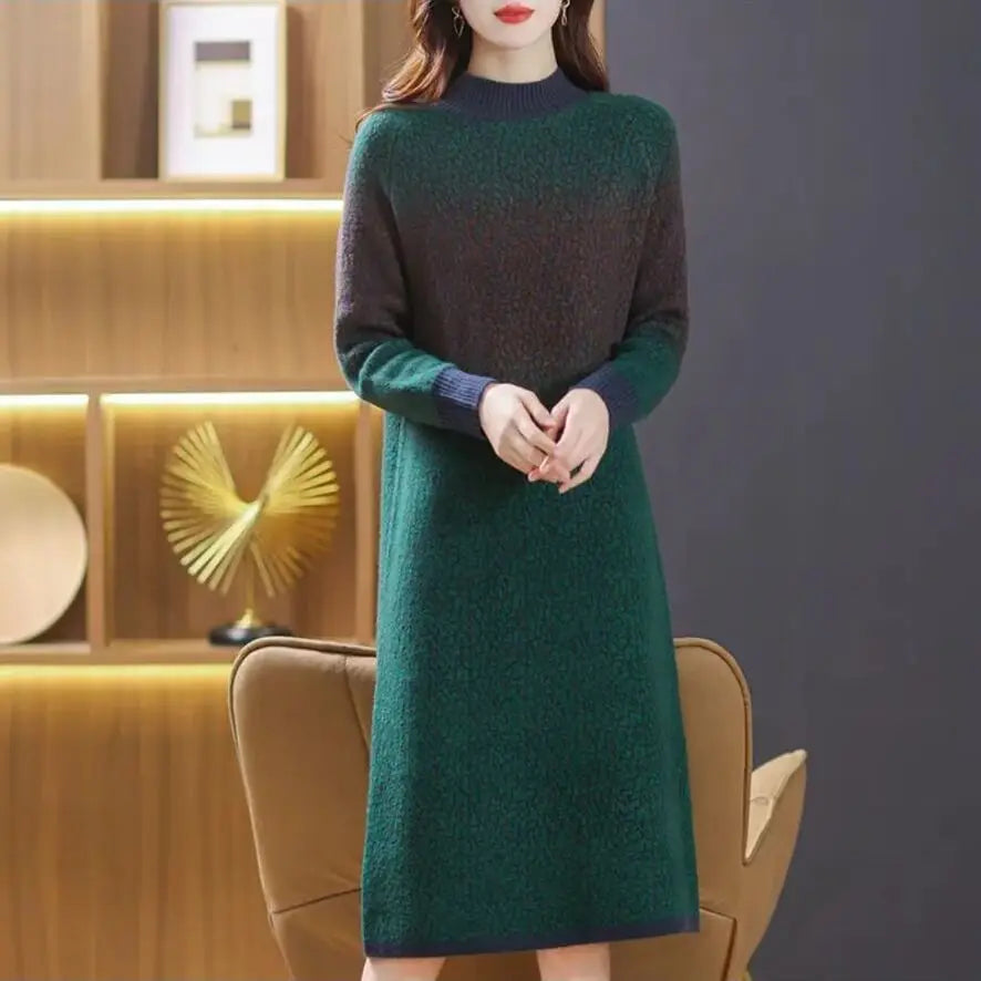 Oversize Women Fashion Knitting Dresses 2023 Vintage Gradient Half High Collar Pullover Office Lady Long Sweater Bottom Dress