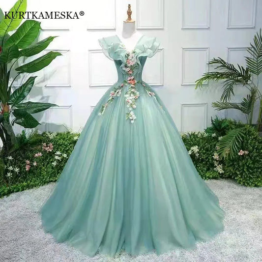 Ruffled Green Dress Printed Decorative Evening Dress Feminine Elegant Banquet Romantic Dress Prom Dress Wedding Dresses