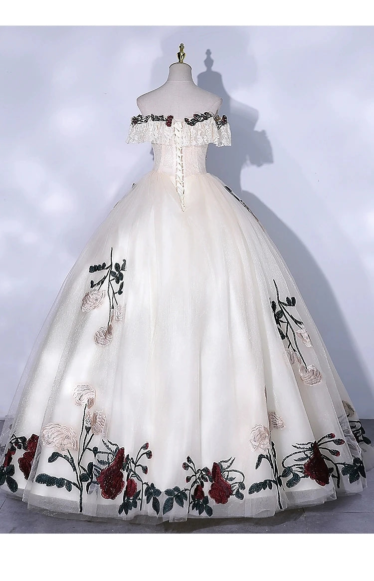 Flowers Lace Appliques Prom Dresses Off the Shoulder Birthday Formal Evening Party Gown For Women Lace Up vestidos de gala mujer