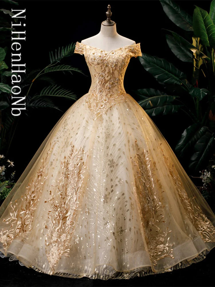 Gold Quinceanera Dress Off The Shoulder Party Prom Dress Ball Gown Vintage Lace Quinceanera Gown Plus Size Vestidos