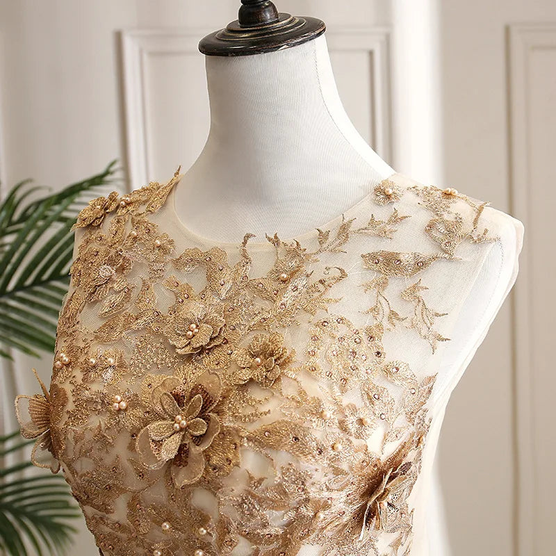 Women's Luxurious Floral Embroidered Long Prom Evening Gown Temperament Sleeveless Round Neck Party Formal Host Princess Dress