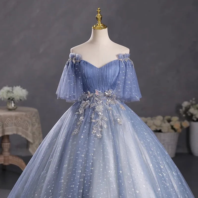 JEHETH Glitter Prom Dresses Off the Shoulder Birthday Formal Evening Party Gown For Women Lace Up vestidos de gala mujer