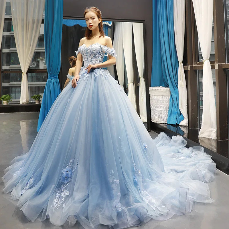 Blue Quinceanera Dresses Off The Shoulder Princess Prom Dress Lace Appliques Ball Gown With Small Train Vestidos De 15