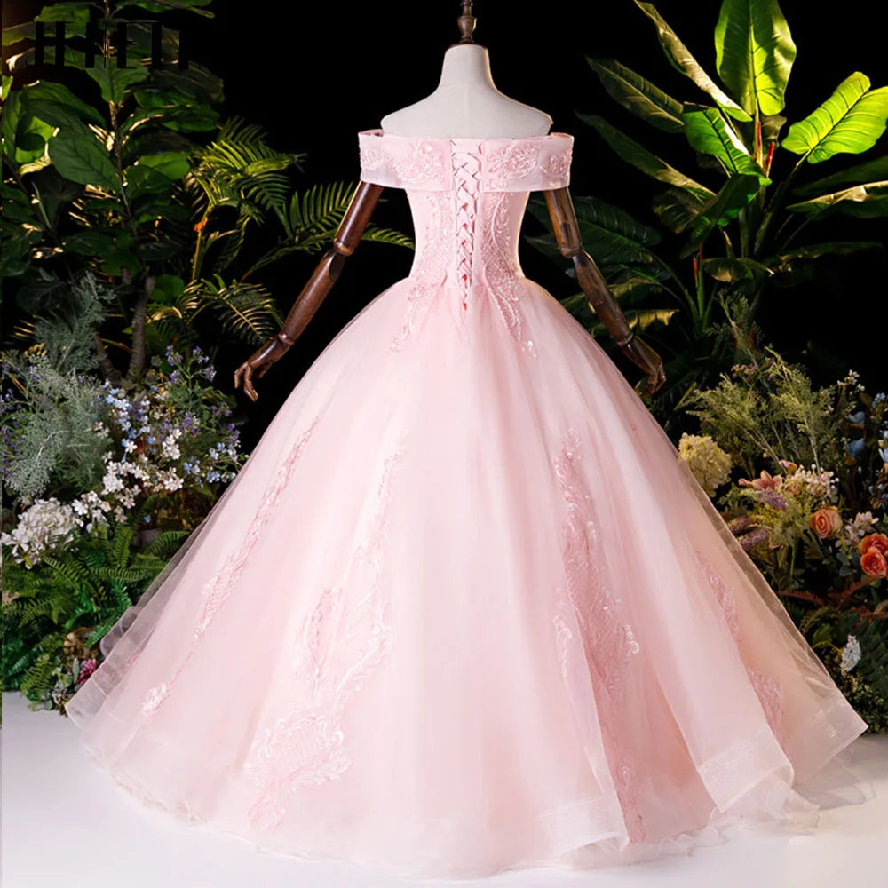 JEHETH Lace Appliques Beading Pink Prom Dress Off the Shoulder Evening Party Gown for Women Lace Up Balll Gown Floor Length
