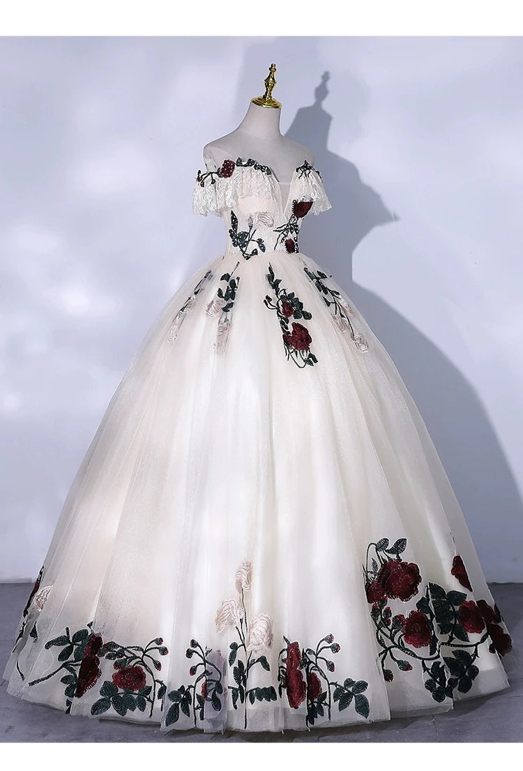 Flowers Lace Appliques Prom Dresses Off the Shoulder Birthday Formal Evening Party Gown For Women Lace Up vestidos de gala mujer