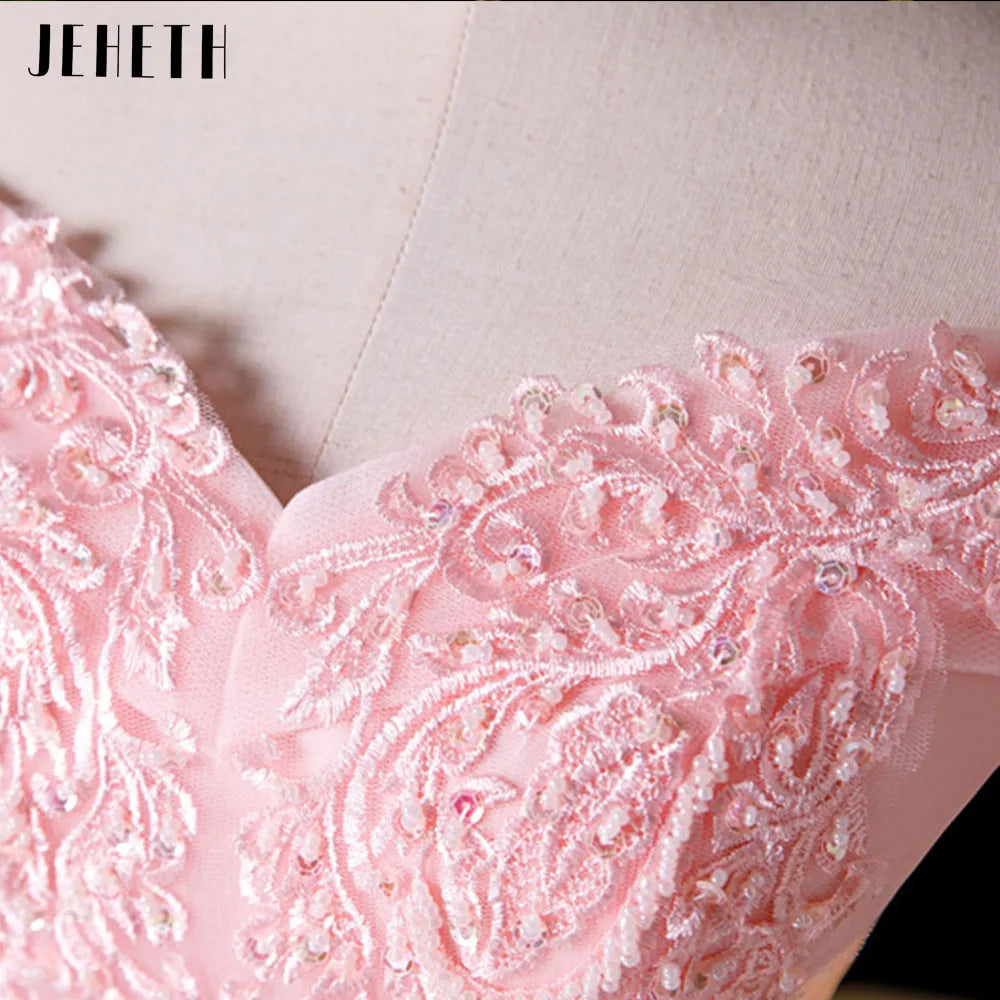 JEHETH Lace Appliques Beading Pink Prom Dress Off the Shoulder Evening Party Gown for Women Lace Up Balll Gown Floor Length