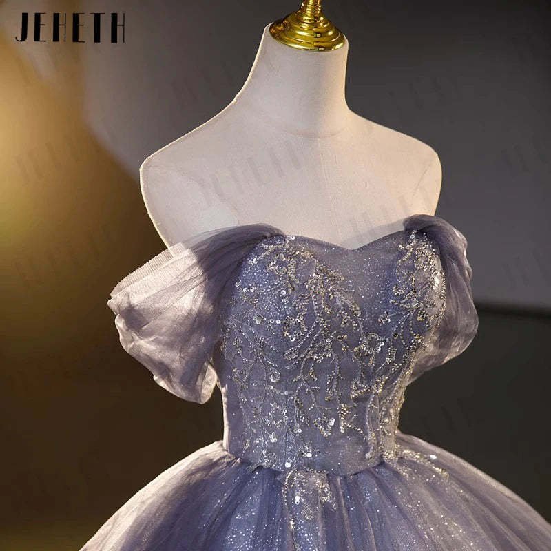JEHETH Sparkling Off Shoulder Prom Dresses Birthday Formal Evening Party Gown Lace Up vestidos de gala Lux robe femme soirée