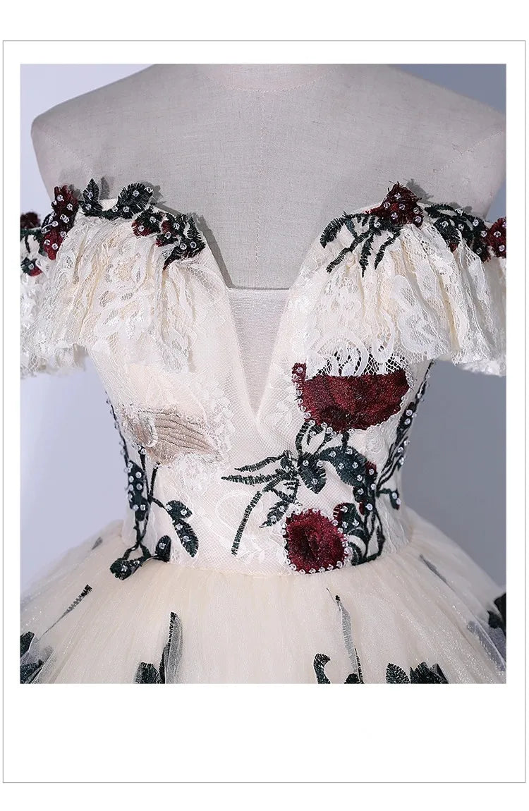 Flowers Lace Appliques Prom Dresses Off the Shoulder Birthday Formal Evening Party Gown For Women Lace Up vestidos de gala mujer