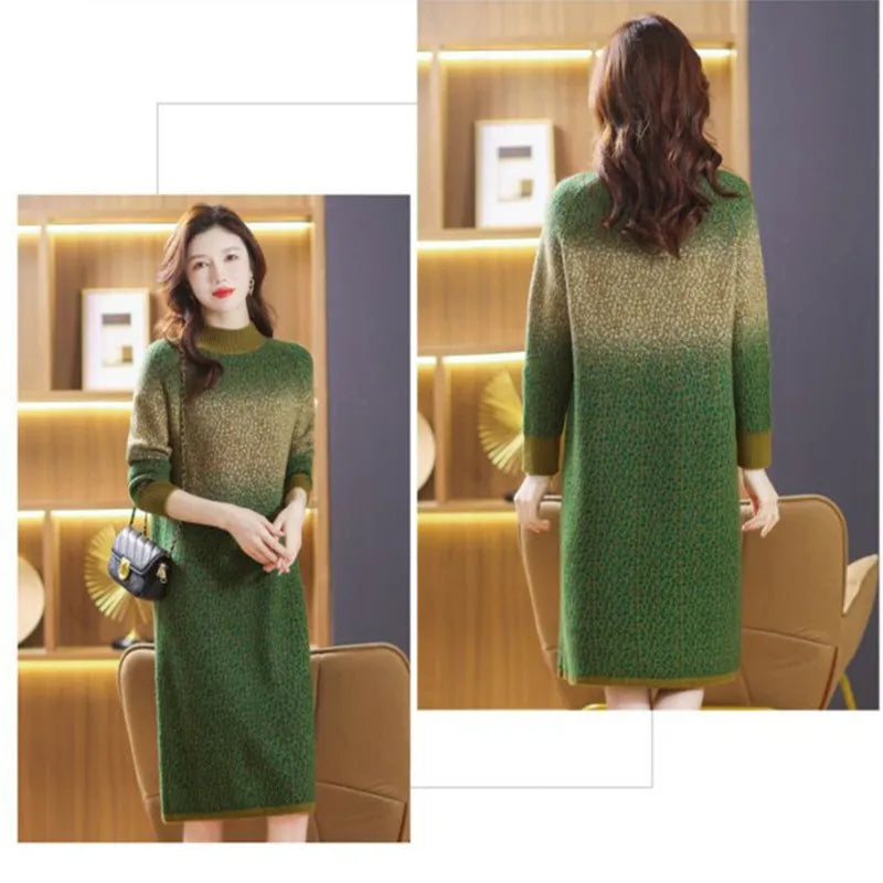 Oversize Women Fashion Knitting Dresses 2023 Vintage Gradient Half High Collar Pullover Office Lady Long Sweater Bottom Dress
