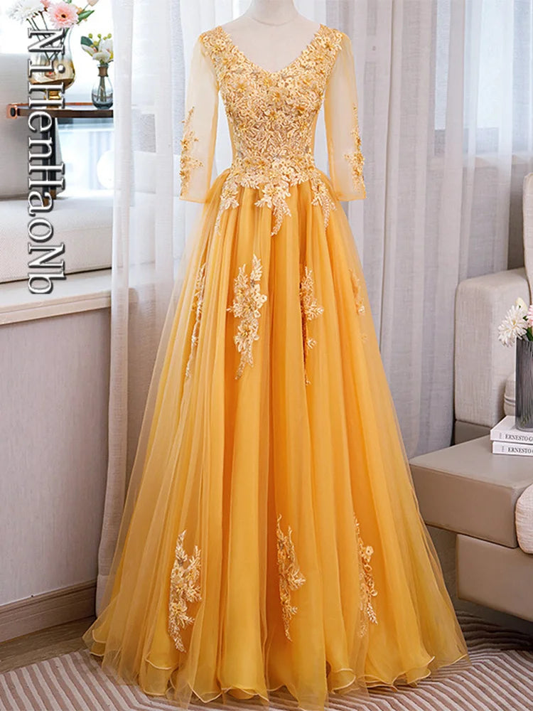 2023 New Logn Sleeve Quinceanera Dresses Gold Party Dress Elegant V-neck Ball Gown Luxury Prom Dress Formal Gown