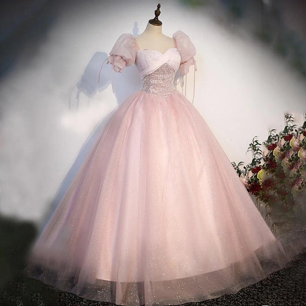 Pink Spakly Quinceanera Dresses Elegant 2023 Sweetheart Puff Sleeves Long Ball Gown Beading Plus Size Vestidos De 15 quinceañera