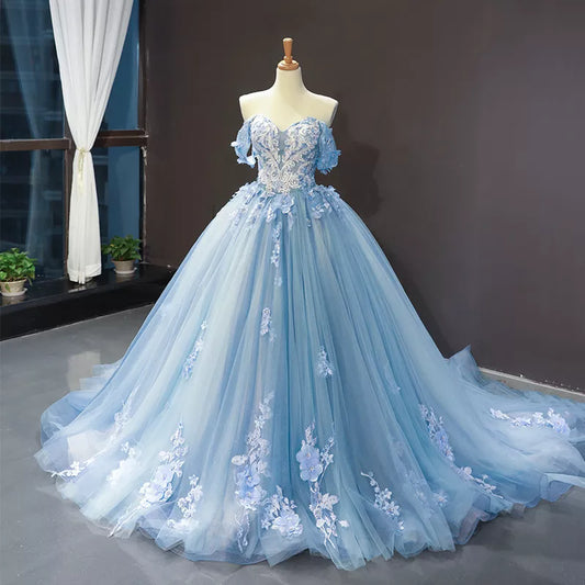 Blue Quinceanera Dresses Off The Shoulder Princess Prom Dress Lace Appliques Ball Gown With Small Train Vestidos De 15