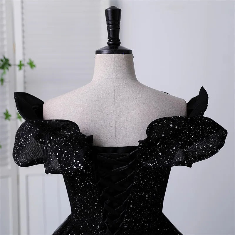 Off the shoulder Black Sweetheart Ball Gown Quinceanera Dresses Sparkly Tulle Formal Birthday Party Gowns