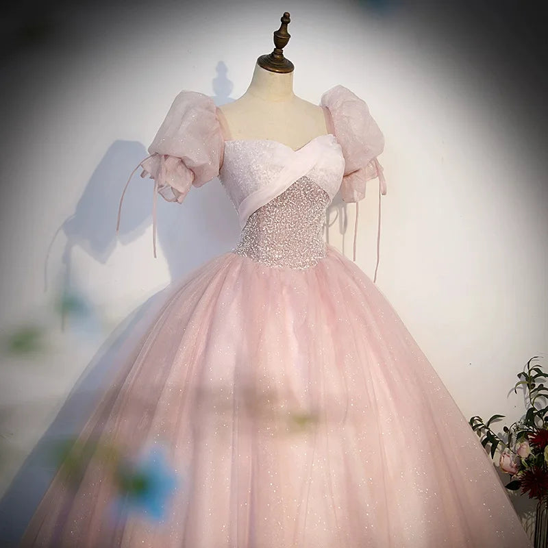 Pink Spakly Quinceanera Dresses Elegant 2023 Sweetheart Puff Sleeves Long Ball Gown Beading Plus Size Vestidos De 15 quinceañera