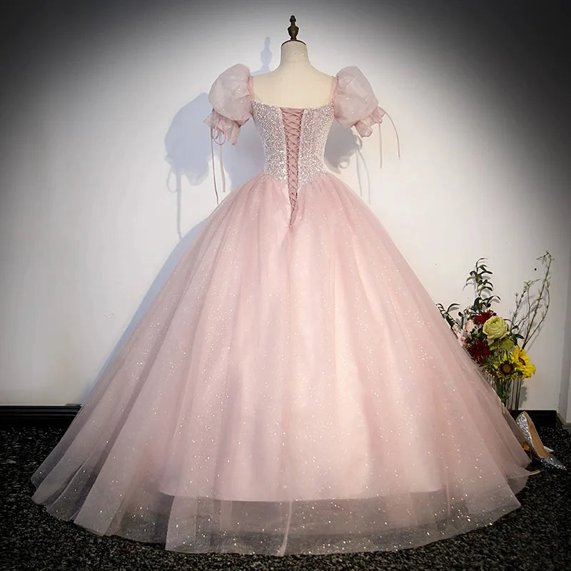Pink Spakly Quinceanera Dresses Elegant 2023 Sweetheart Puff Sleeves Long Ball Gown Beading Plus Size Vestidos De 15 quinceañera