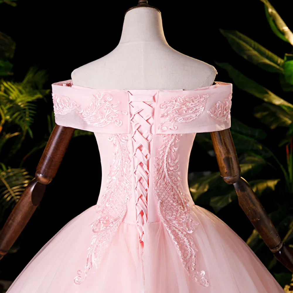 JEHETH Lace Appliques Beading Pink Prom Dress Off the Shoulder Evening Party Gown for Women Lace Up Balll Gown Floor Length