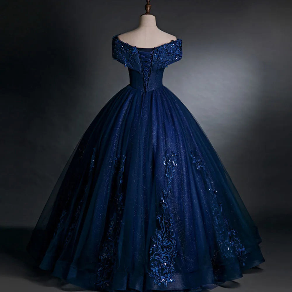 JEHETH Navy Blue Bling Prom Dress Off the Shoulder Sleeves Evening Party Gown for Women Lace Up Lace Appliques