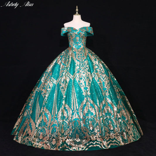 Ashely Alsa Real Picture Quinceanera Dress Cap Sleeve Gold Applique Vestido De 15 Anos Birthday Party Gown Arabic Prom Dresses