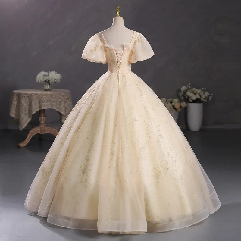 Bomaris Puffy Sleeves Ball Gown Quinceanera Dresses Masquerade Vestidos De 15 Anos Cap Shoulder Lace Birthday Party Gowns HOT