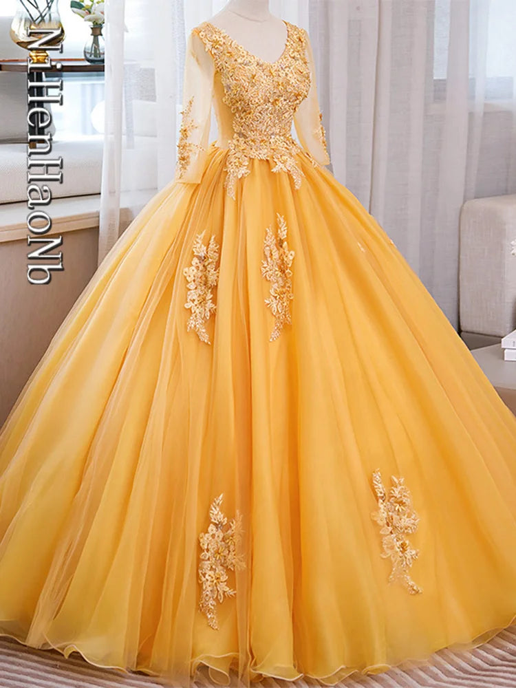 2023 New Logn Sleeve Quinceanera Dresses Gold Party Dress Elegant V-neck Ball Gown Luxury Prom Dress Formal Gown